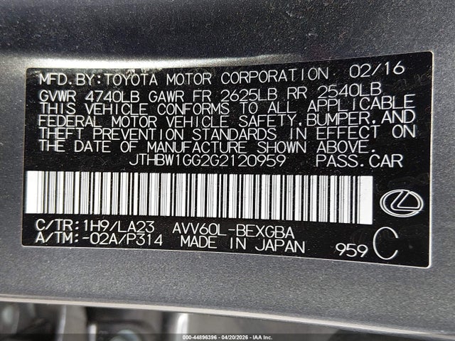 2016 Lexus Es 300h მანქანა იყიდება აუქციონზე, vin: JTHBW1GG2G2120959, აუქციონის ნომერი: 44896396