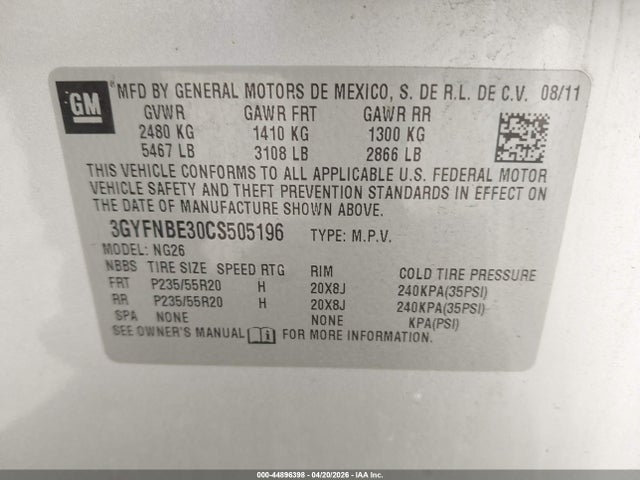 Aukcja sprzedaży 2012 Cadillac Srx Performance Collection, vin: 3GYFNBE30CS505196, numer aukcji: 44896398