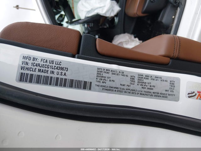 Aukcja sprzedaży 2020 Jeep Grand Cherokee Overland 4x2, vin: 1C4RJECG1LC439673, numer aukcji: 44896402