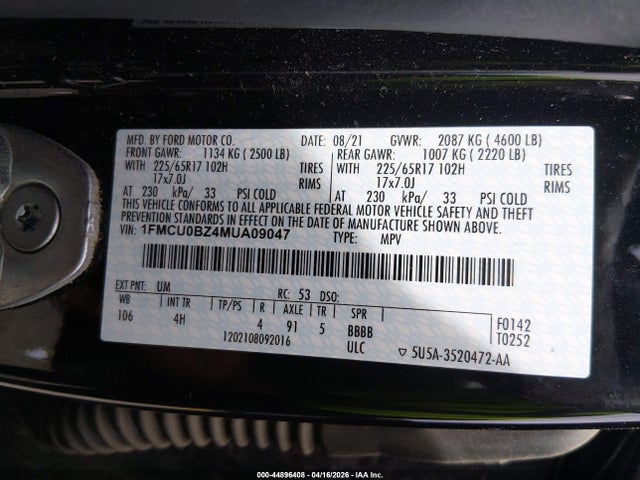 44896408 :رقم المزاد ، 1FMCU0BZ4MUA09047 vin ، 2021 Ford Escape Se Hybrid مزاد بيع