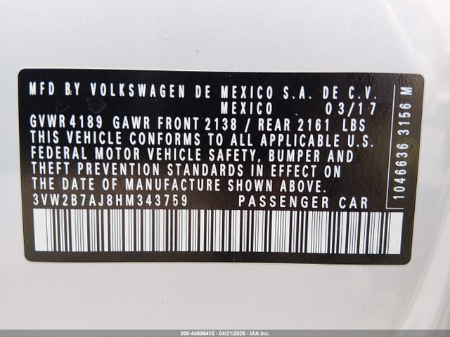 44896415 :رقم المزاد ، 3VW2B7AJ8HM343759 vin ، 2017 Volkswagen Jetta 1.4t S مزاد بيع