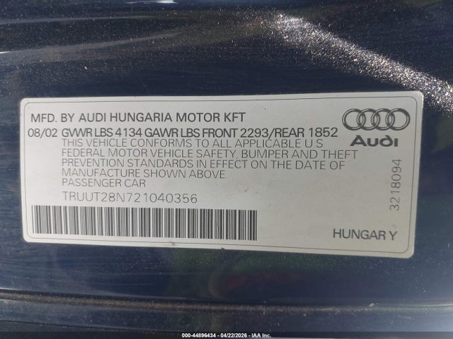 Продажа на аукционе авто 2002 Audi Tt 1.8l, vin: TRUUT28N721040356, номер лота: 44896434