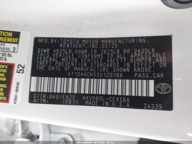 Продаж на аукціоні авто 2025 Toyota Camry Se, vin: 4T1DAACK5SU120188, номер лоту: 44896448