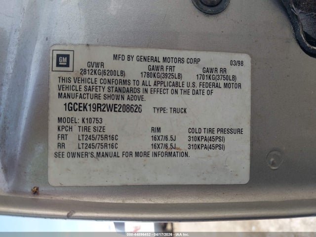 Продаж на аукціоні авто 1998 Chevrolet K1500 Fleetside, vin: 1GCEK19R2WE208626, номер лоту: 44896452