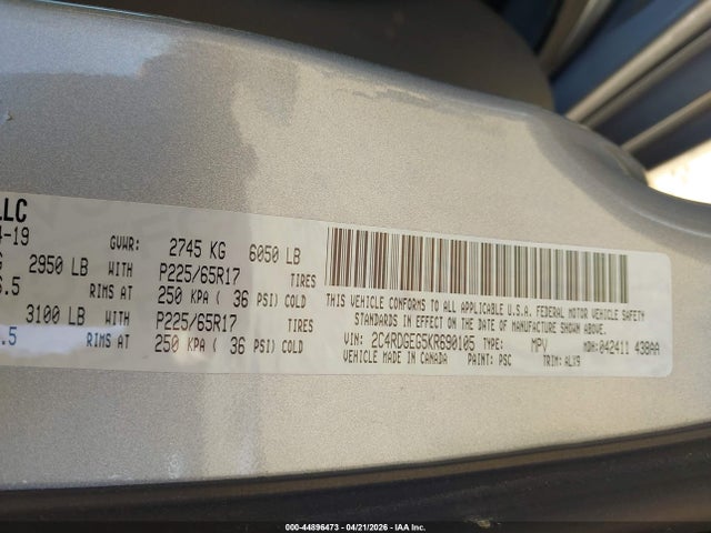 Продажа на аукционе авто 2019 Dodge Grand Caravan Gt, vin: 2C4RDGEG5KR690105, номер лота: 44896473