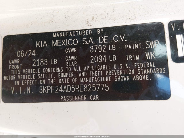 44896480 :رقم المزاد ، 3KPF24AD5RE825775 vin ، 2024 Kia Forte Lxs مزاد بيع