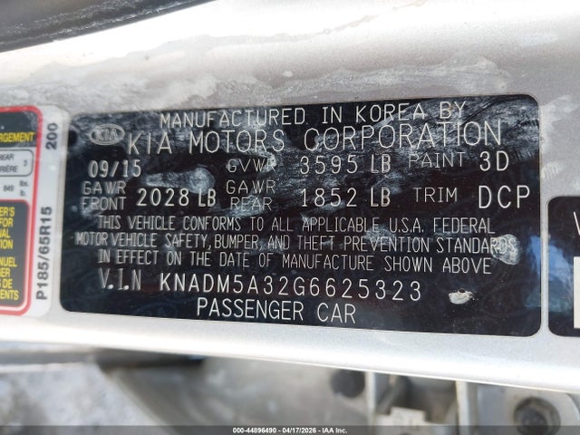 44896490 :رقم المزاد ، KNADM5A32G6625323 vin ، 2016 Kia Rio Lx مزاد بيع