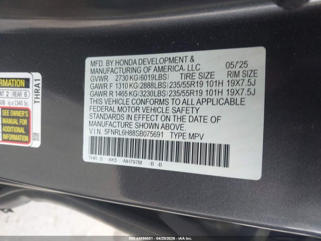 Продаж на аукціоні авто 2025 Honda Odyssey Touring, vin: 5FNRL6H88SB075691, номер лоту: 44896501