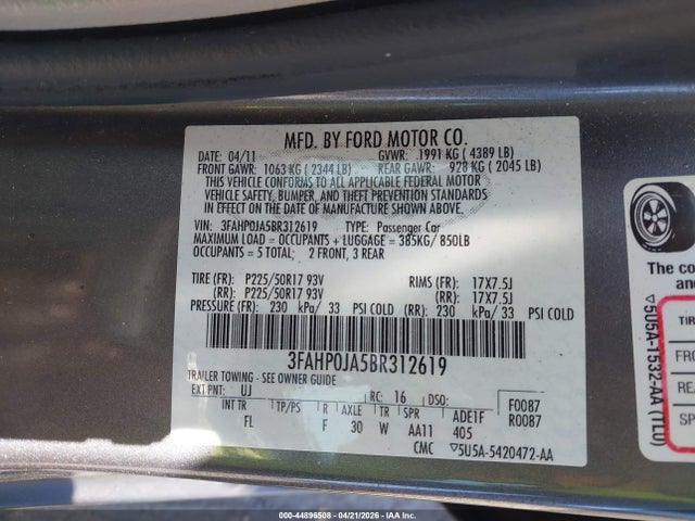 Aukcja sprzedaży 2011 Ford Fusion Sel, vin: 3FAHP0JA5BR312619, numer aukcji: 44896508