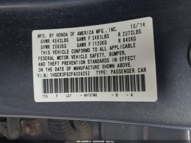 Продажа на аукционе авто 2015 Honda Accord Ex-l V-6, vin: 1HGCR3F82FA008252, номер лота: 44896514