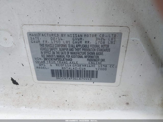 Nissan Versa 1.6 S+ 2016 3N1CN7AP3GL874443 Image 9