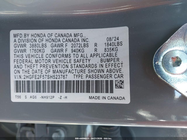 Продаж на аукціоні авто 2025 Honda Civic Sport, vin: 2HGFE2F57SH523767, номер лоту: 44896523