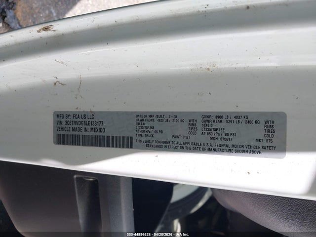 Продаж на аукціоні авто 2020 Ram Promaster 2500 High Roof 159 Wb, vin: 3C6TRVDG8LE133177, номер лоту: 44896528