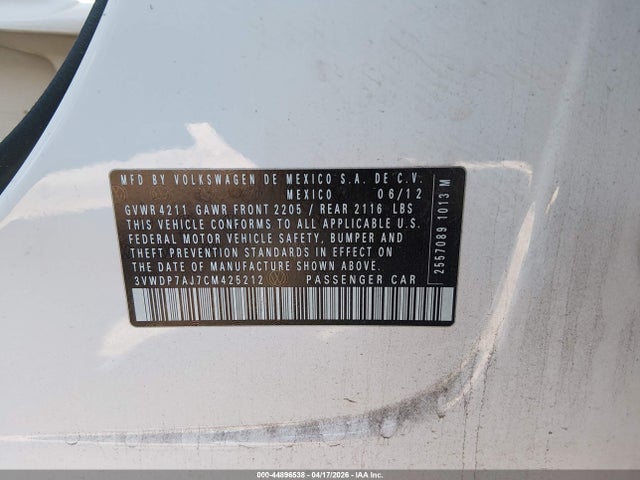 Продажа на аукционе авто 2012 Volkswagen Jetta 2.5l Se, vin: 3VWDP7AJ7CM425212, номер лота: 44896538