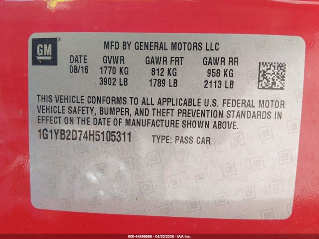 44896566 :رقم المزاد ، 1G1YB2D74H5105311 vin ، 2017 Chevrolet Corvette Stingray مزاد بيع