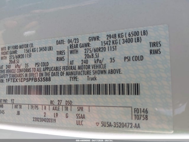 44896568 :رقم المزاد ، 1FTEX1EP5PFB53588 vin ، 2023 Ford F-150 Xl مزاد بيع