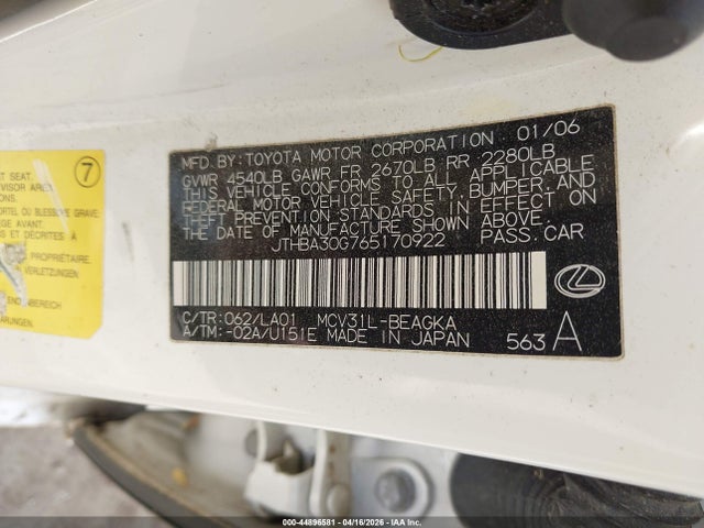 Продажа на аукционе авто 2006 Lexus Es 330, vin: JTHBA30G765170922, номер лота: 44896581