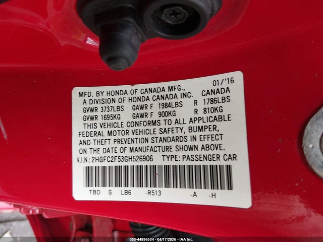 Aukcja sprzedaży 2016 Honda Civic Lx, vin: 2HGFC2F53GH526906, numer aukcji: 44896584