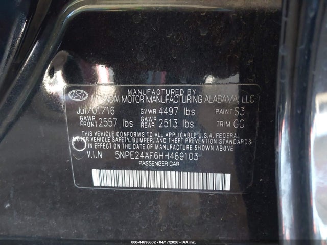 2017 Hyundai Sonata Se მანქანა იყიდება აუქციონზე, vin: 5NPE24AF6HH469103, აუქციონის ნომერი: 44896602
