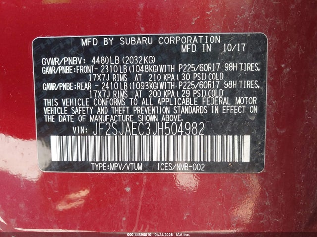 2018 Subaru Forester 2.5i Premium მანქანა იყიდება აუქციონზე, vin: JF2SJAEC3JH504982, აუქციონის ნომერი: 44896610