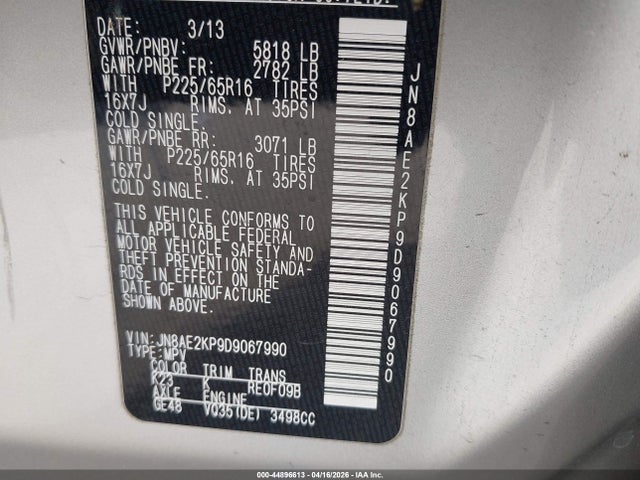 44896613 :رقم المزاد ، JN8AE2KP9D9067990 vin ، 2013 Nissan Quest Sv مزاد بيع