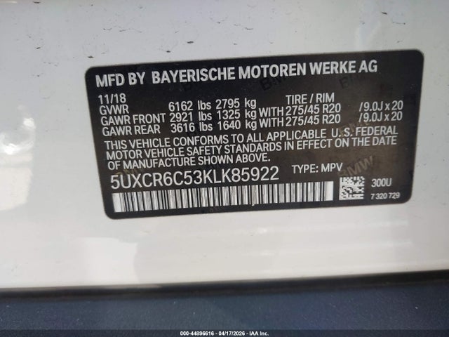 Продаж на аукціоні авто 2019 Bmw X5 Xdrive40i, vin: 5UXCR6C53KLK85922, номер лоту: 44896616