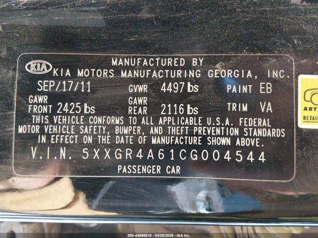 Продажа на аукционе авто 2012 Kia Optima Sx, vin: 5XXGR4A61CG004544, номер лота: 44896618