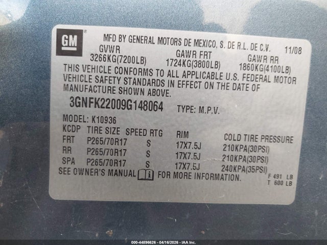 2009 CHEVROLET AVALANCHE 1500 3GNFK22009G148064 Photo 8