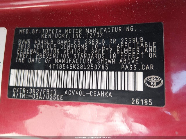 Продажа на аукционе авто 2008 Toyota Camry Le, vin: 4T1BE46K28U250785, номер лота: 44896632