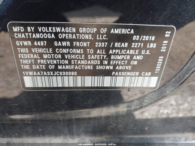 Aukcja sprzedaży 2018 Volkswagen Passat 2.0t R-line/2.0t S, vin: 1VWAA7A3XJC030090, numer aukcji: 44896642