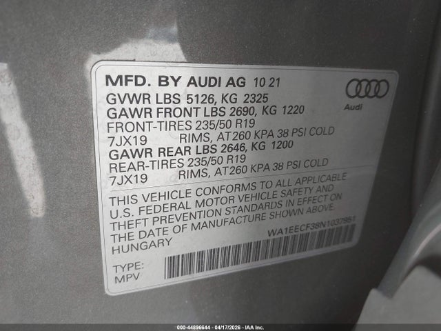 Aukcja sprzedaży 2022 Audi Q3 Premium Plus 45 Tfsi S Line Quattro Tiptronic, vin: WA1EECF38N1037951, numer aukcji: 44896644