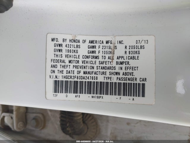 2013 Honda Accord Ex-l მანქანა იყიდება აუქციონზე, vin: 1HGCR2F80DA247659, აუქციონის ნომერი: 44896650