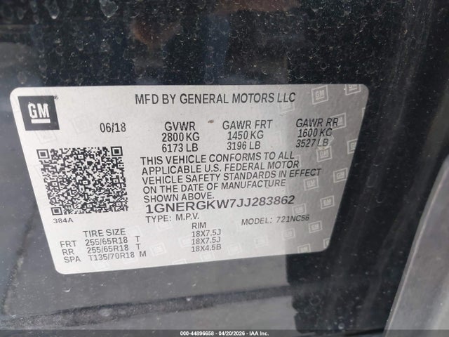1GNERGKW7JJ283862 Chevrolet Traverse 1lt
