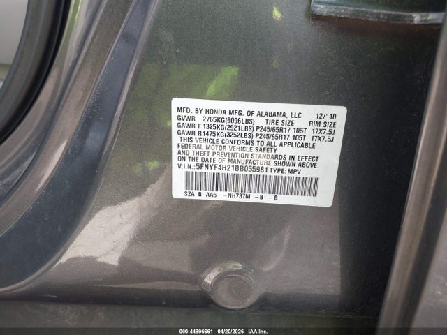 2011 Honda Pilot Lx მანქანა იყიდება აუქციონზე, vin: 5FNYF4H21BB055981, აუქციონის ნომერი: 44896661