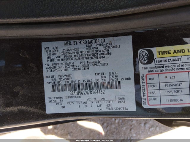 Продажа на аукционе авто 2007 Ford Fusion Se, vin: 3FAHP07Z47R164452, номер лота: 44896663