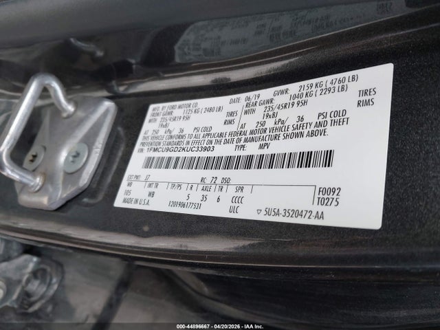 Продаж на аукціоні авто 2019 Ford Escape Se, vin: 1FMCU9GD2KUC33903, номер лоту: 44896667