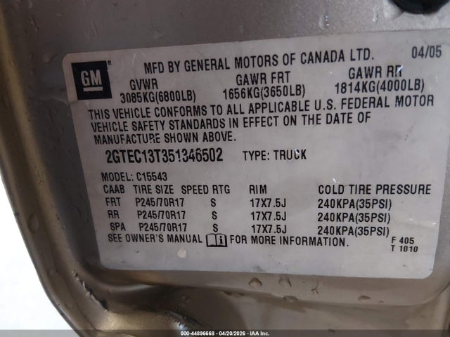 Продажа на аукционе авто 2005 Gmc Sierra 1500 Slt, vin: 2GTEC13T351346502, номер лота: 44896668