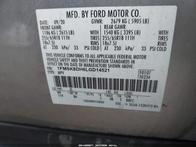 2020 Ford Explorer Xlt მანქანა იყიდება აუქციონზე, vin: 1FMSK8DH6LGD14521, აუქციონის ნომერი: 44896671