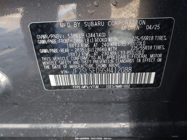 2025 Subaru Forester Premium Hybrid მანქანა იყიდება აუქციონზე, vin: JF2SLSED9SH412088, აუქციონის ნომერი: 44896686