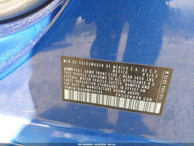 Продажа на аукционе авто 2022 Volkswagen Jetta 1.5t S, vin: 3VWCM7BU6NM009345, номер лота: 44896688