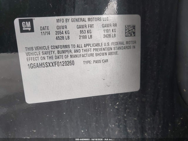 44896693 :رقم المزاد ، 1G6AH5SXXF0120260 vin ، 2015 Cadillac Ats Luxury مزاد بيع