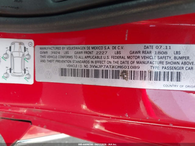 Продажа на аукционе авто 2012 Volkswagen Beetle 2.5l, vin: 3VWJP7ATXCM601089, номер лота: 44896706