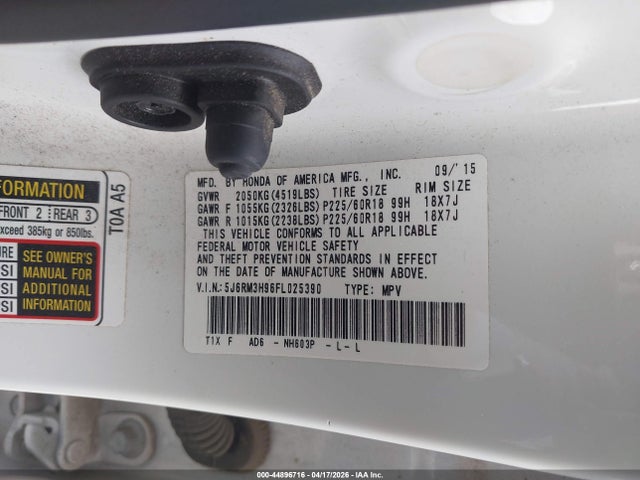 44896716 :رقم المزاد ، 5J6RM3H96FL025390 vin ، 2015 Honda Cr-v Touring مزاد بيع