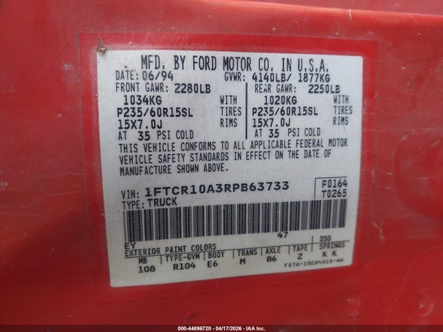 Продажа на аукционе авто 1994 Ford Ranger, vin: 1FTCR10A3RPB63733, номер лота: 44896720
