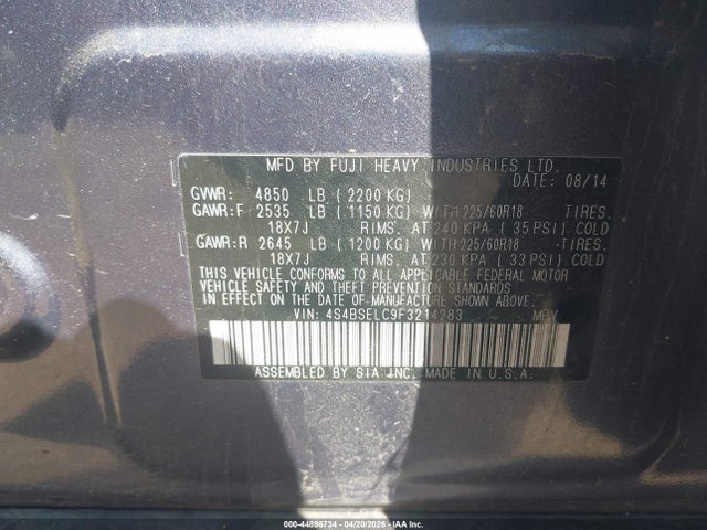 Aukcja sprzedaży 2015 Subaru Outback 3.6r Limited, vin: 4S4BSELC9F3214283, numer aukcji: 44896734