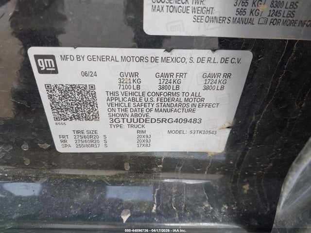 Продаж на аукціоні авто 2024 Gmc Sierra 1500 4wd  Short Box Slt, vin: 3GTUUDED5RG409483, номер лоту: 44896736