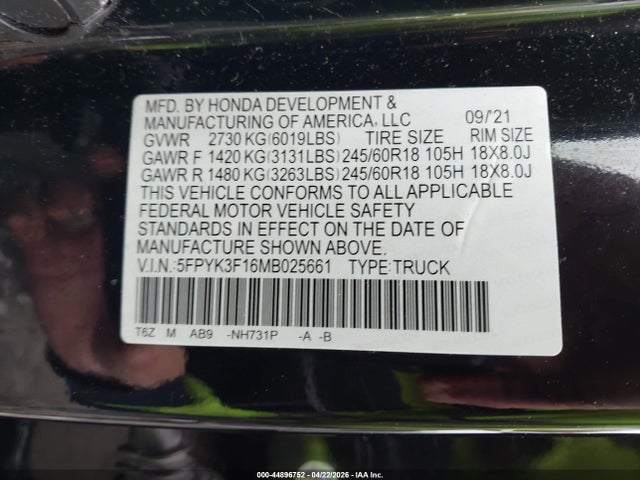 Продаж на аукціоні авто 2021 Honda Ridgeline Awd Sport, vin: 5FPYK3F16MB025661, номер лоту: 44896752