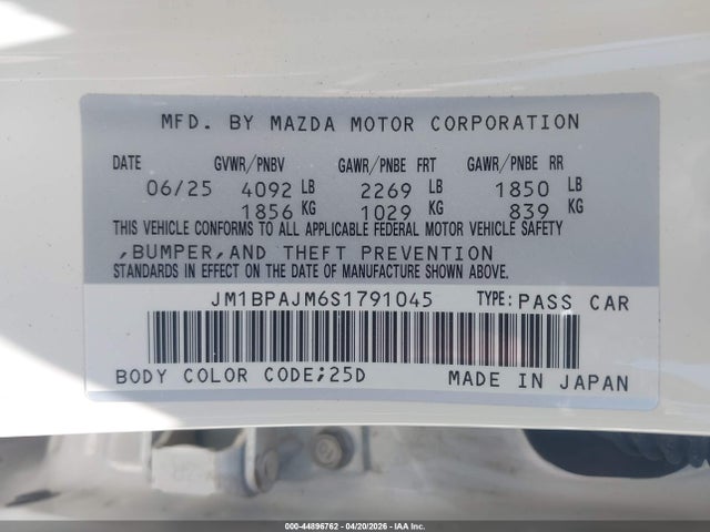 Aukcja sprzedaży 2025 Mazda Mazda3 2.5 S, vin: JM1BPAJM6S1791045, numer aukcji: 44896762