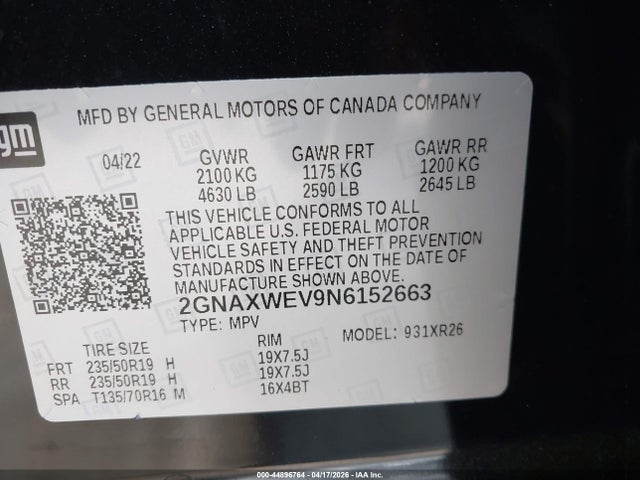 Продаж на аукціоні авто 2022 Chevrolet Equinox Awd Rs, vin: 2GNAXWEV9N6152663, номер лоту: 44896764