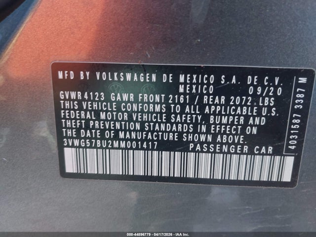 Aukcja sprzedaży 2021 Volkswagen Jetta 1.4t Sel Premium, vin: 3VWG57BU2MM001417, numer aukcji: 44896779